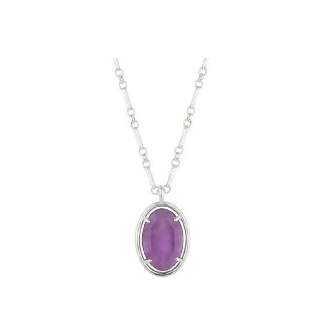 LA Rocks Woman's Necklace Silver Plated Purple Agate Oval Stone Paperlink Chain